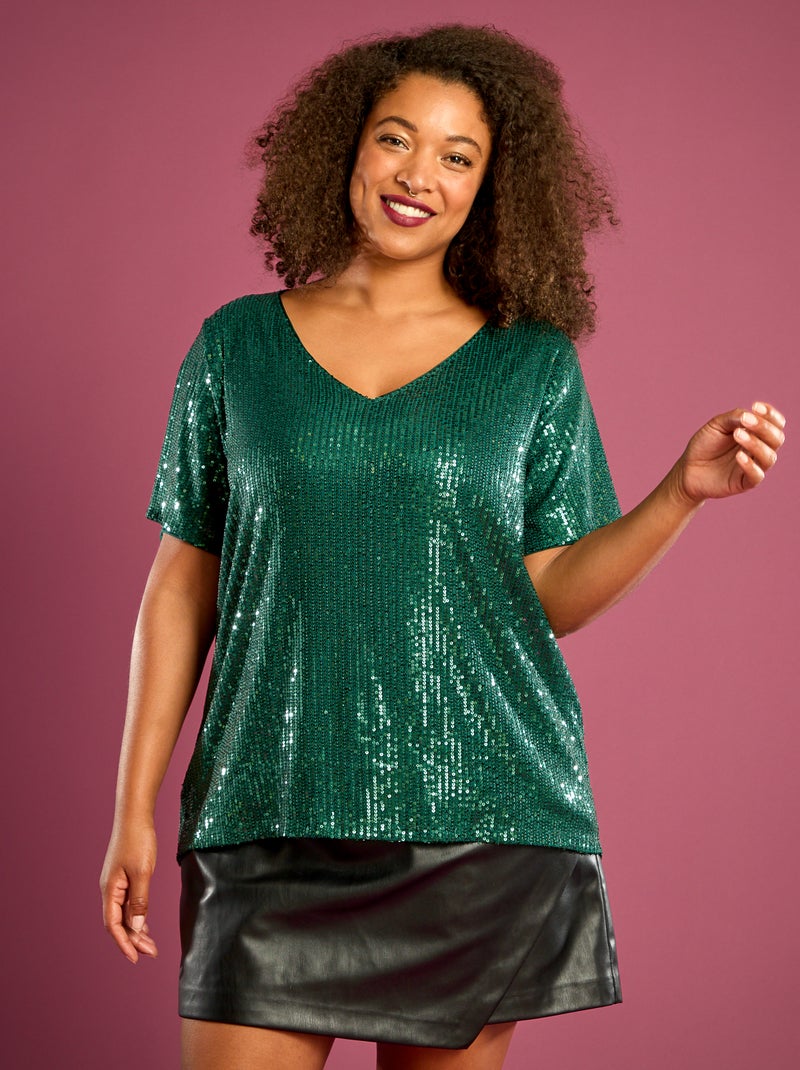 Tee-shirt manches courtes à sequins Vert - Kiabi