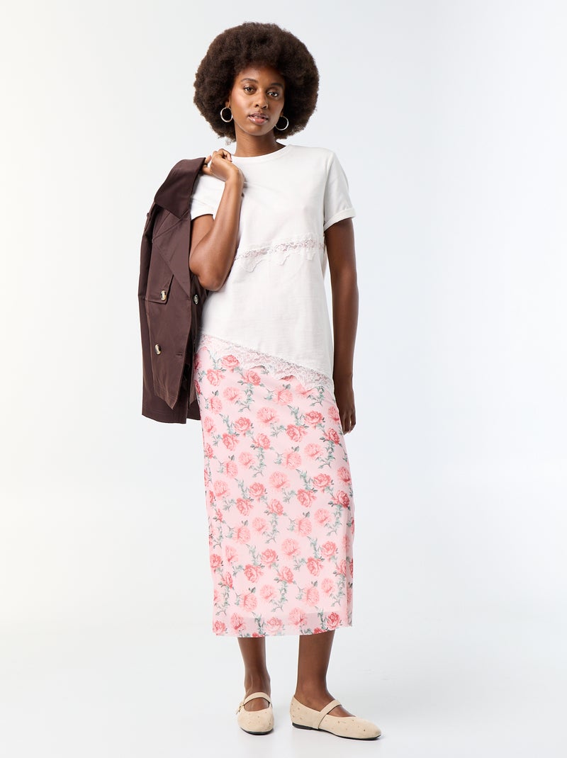 Tee-shirt manches courtes avec dentelle Blanc - Kiabi