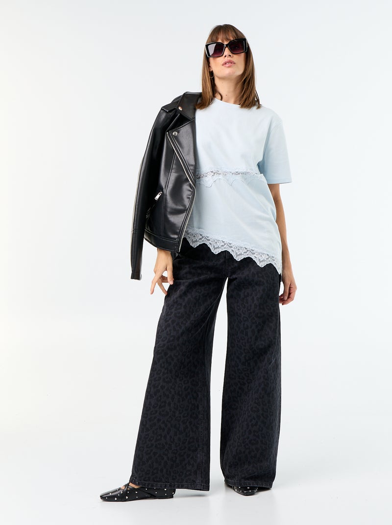 Tee-shirt manches courtes avec dentelle Bleu - Kiabi