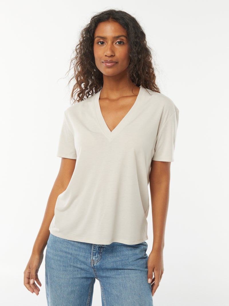 Tee-shirt manches courtes avec encolure en V Beige - Kiabi