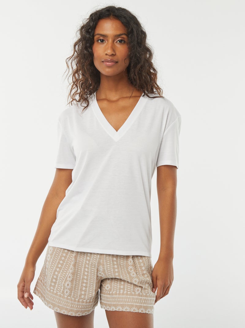 Tee-shirt manches courtes avec encolure en V Blanc - Kiabi
