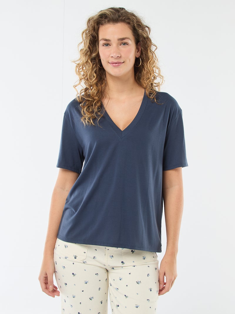 Tee-shirt manches courtes avec encolure en V Bleu - Kiabi