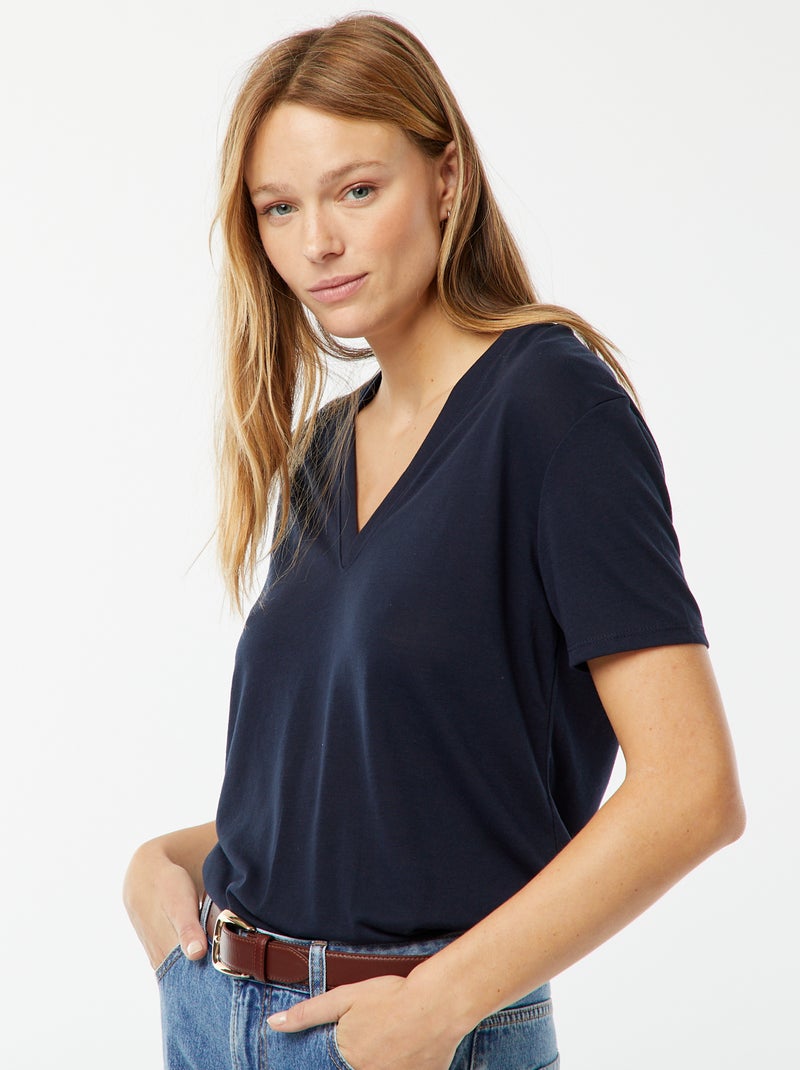 Tee-shirt manches courtes avec encolure en V Bleu marine - Kiabi