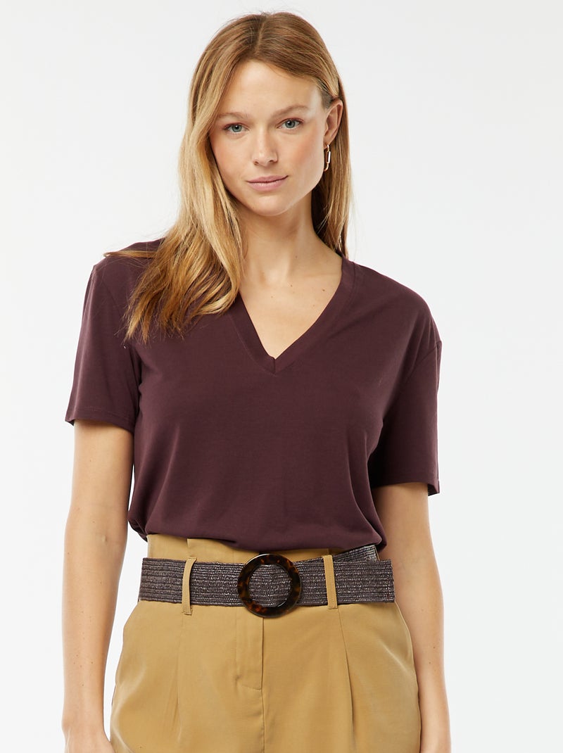 Tee-shirt manches courtes avec encolure en V Prune - Kiabi