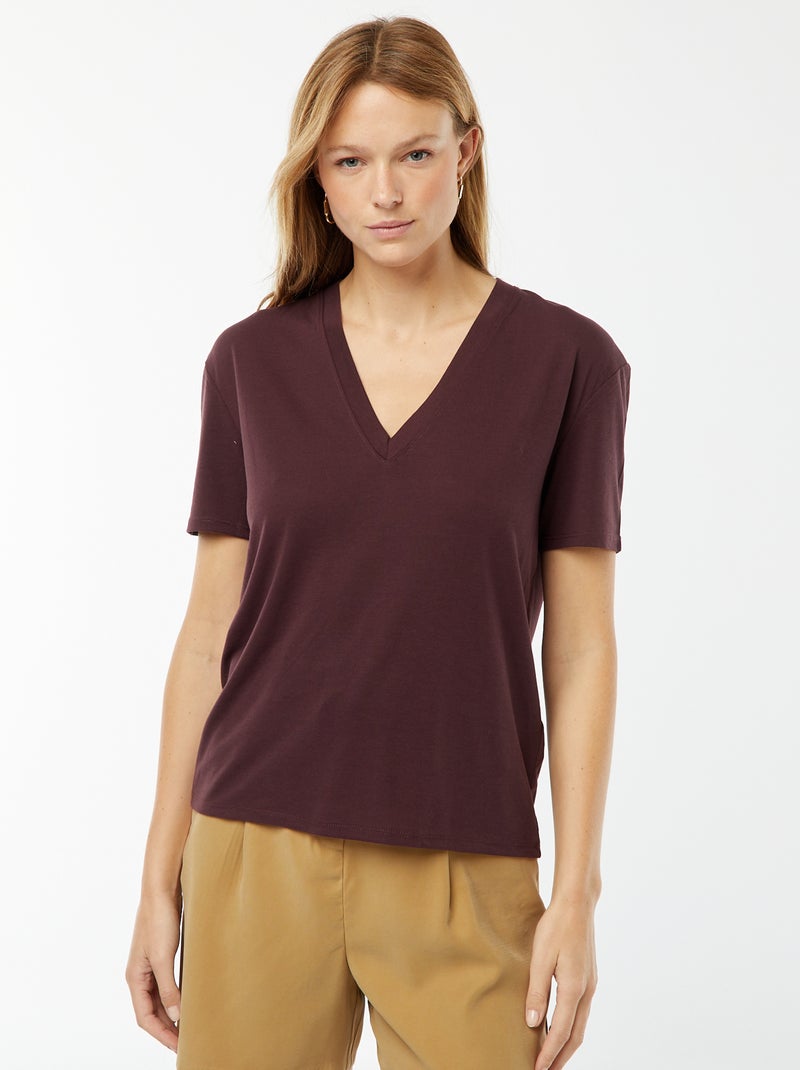 Tee-shirt manches courtes avec encolure en V Prune - Kiabi