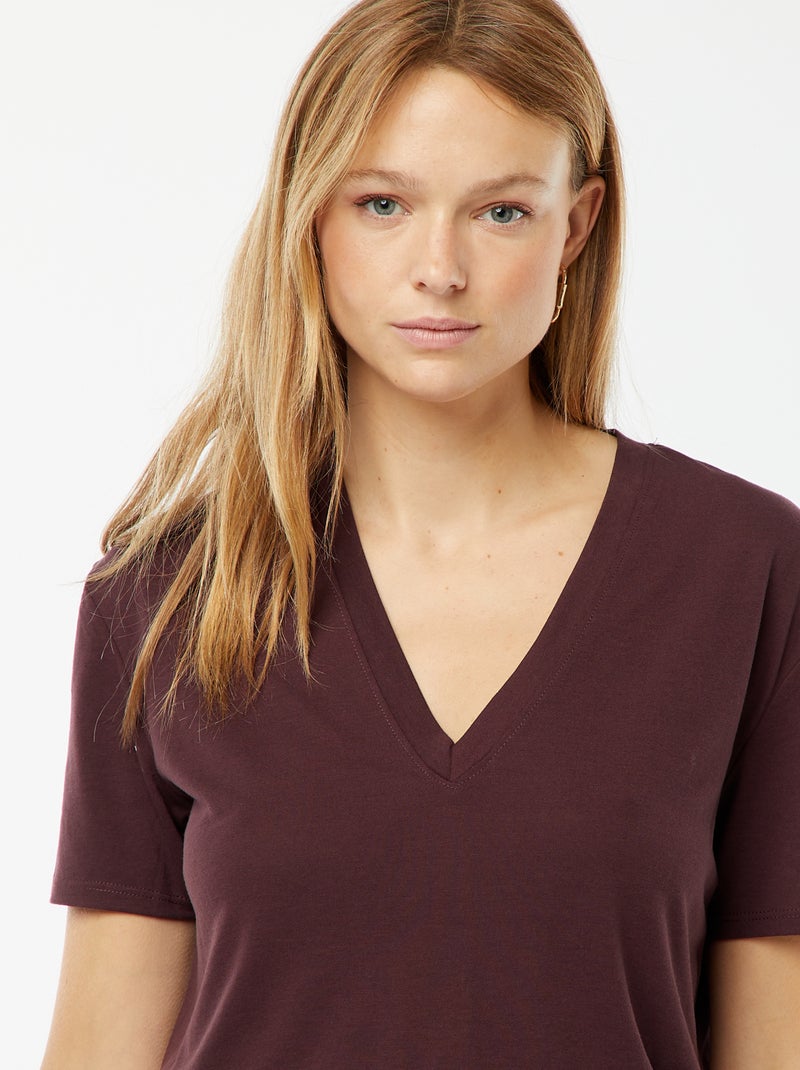 Tee-shirt manches courtes avec encolure en V Prune - Kiabi