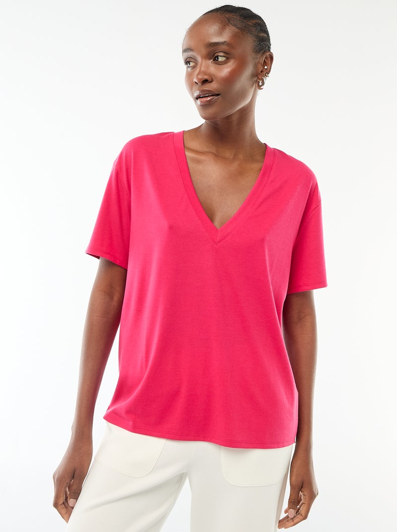 Tee-shirt manches courtes avec encolure en V Rose - Kiabi