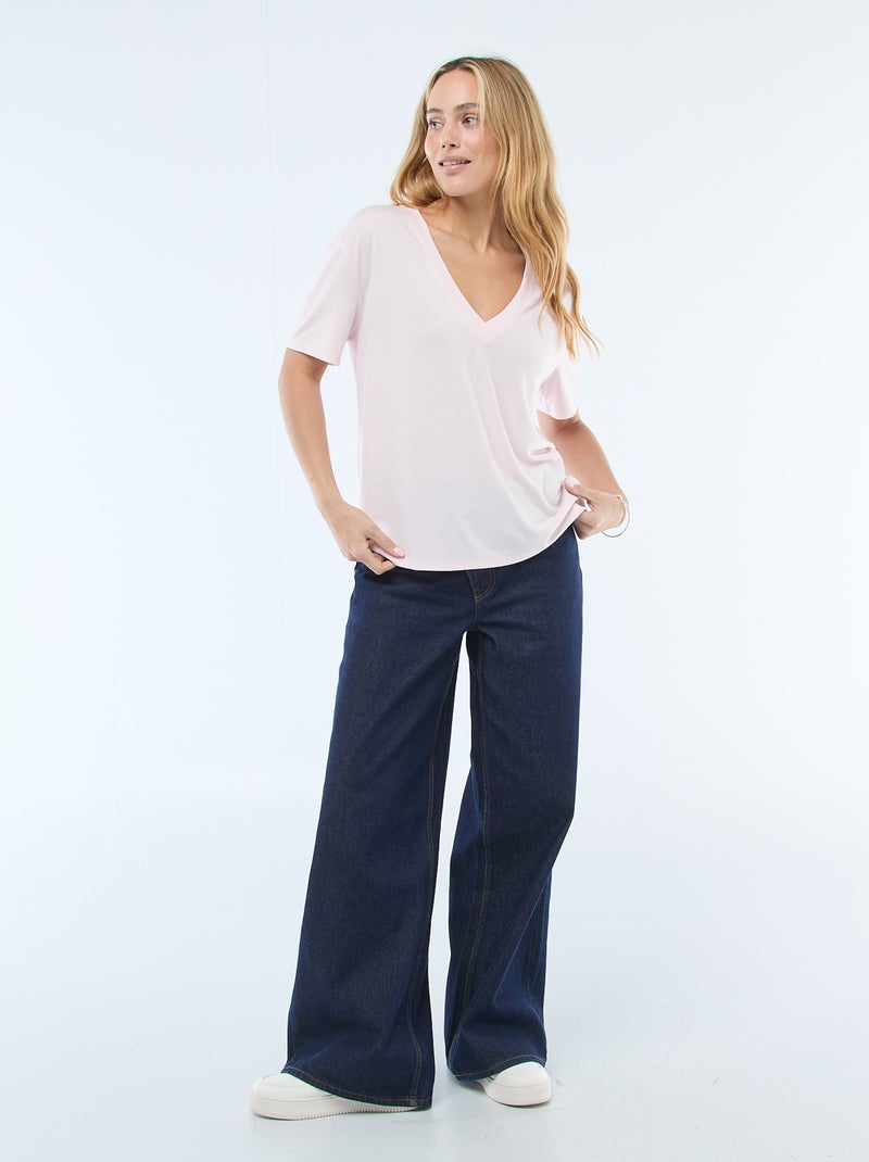 Tee-shirt manches courtes avec encolure en V Rose - Kiabi