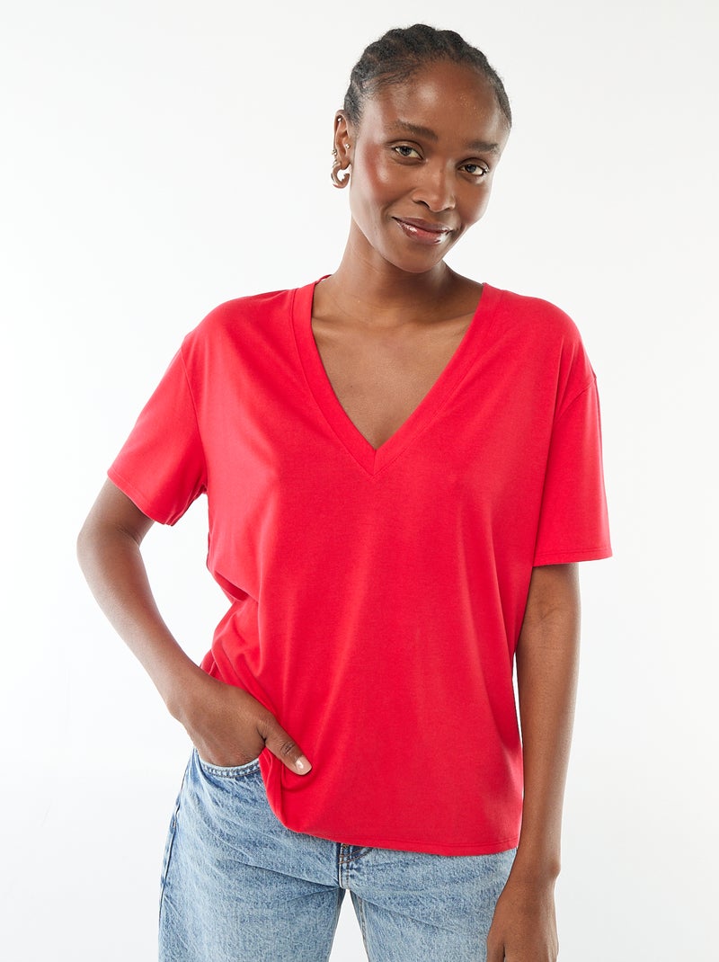 Tee-shirt manches courtes avec encolure en V Rouge - Kiabi