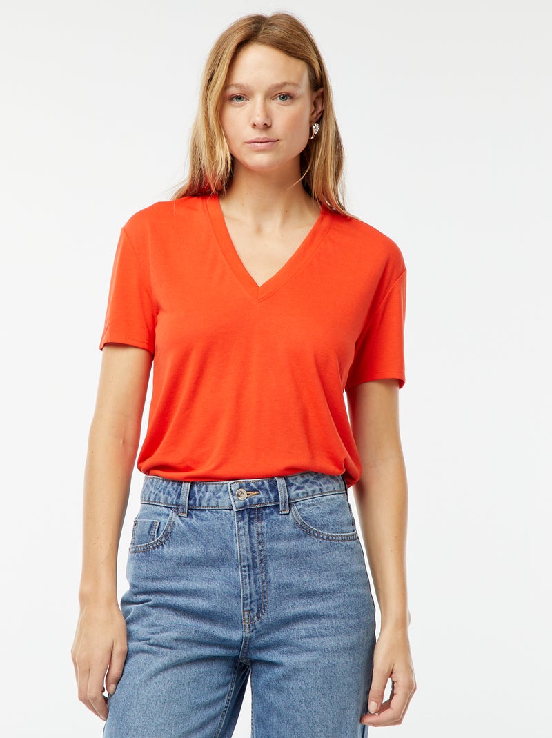 Tee-shirt manches courtes avec encolure en V Rouge - Kiabi