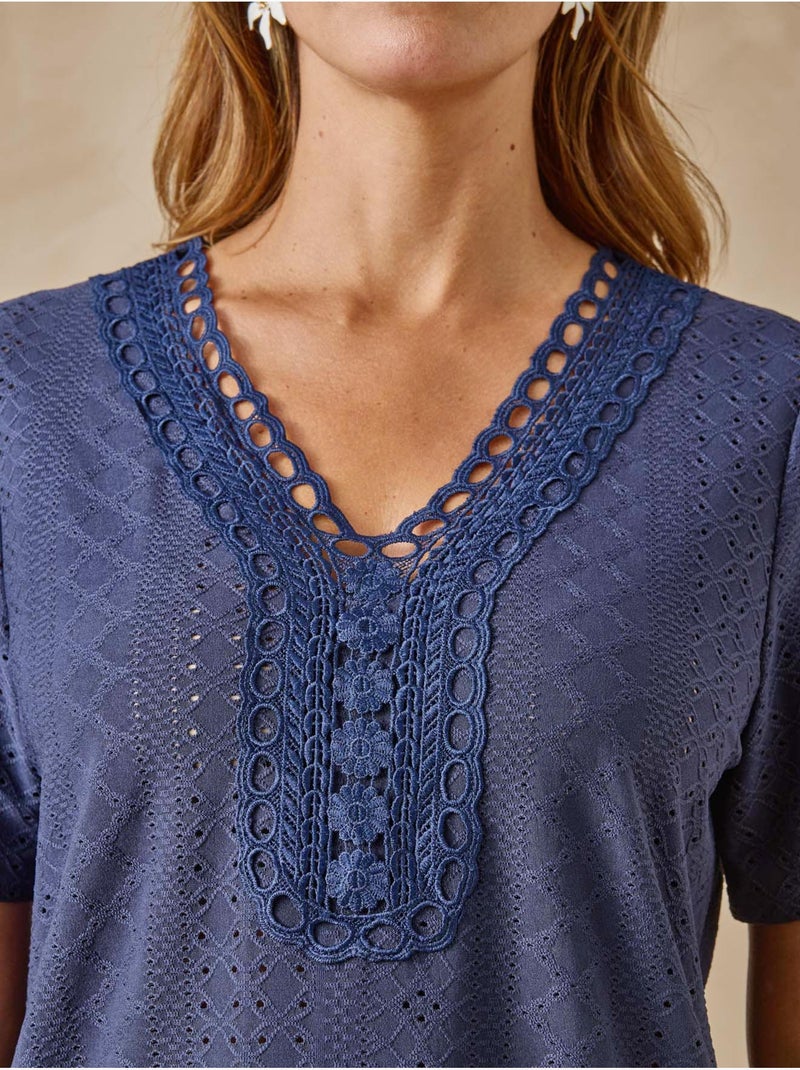 Tee-shirt manches courtes avec macramé - DAXON Bleu marine - Kiabi