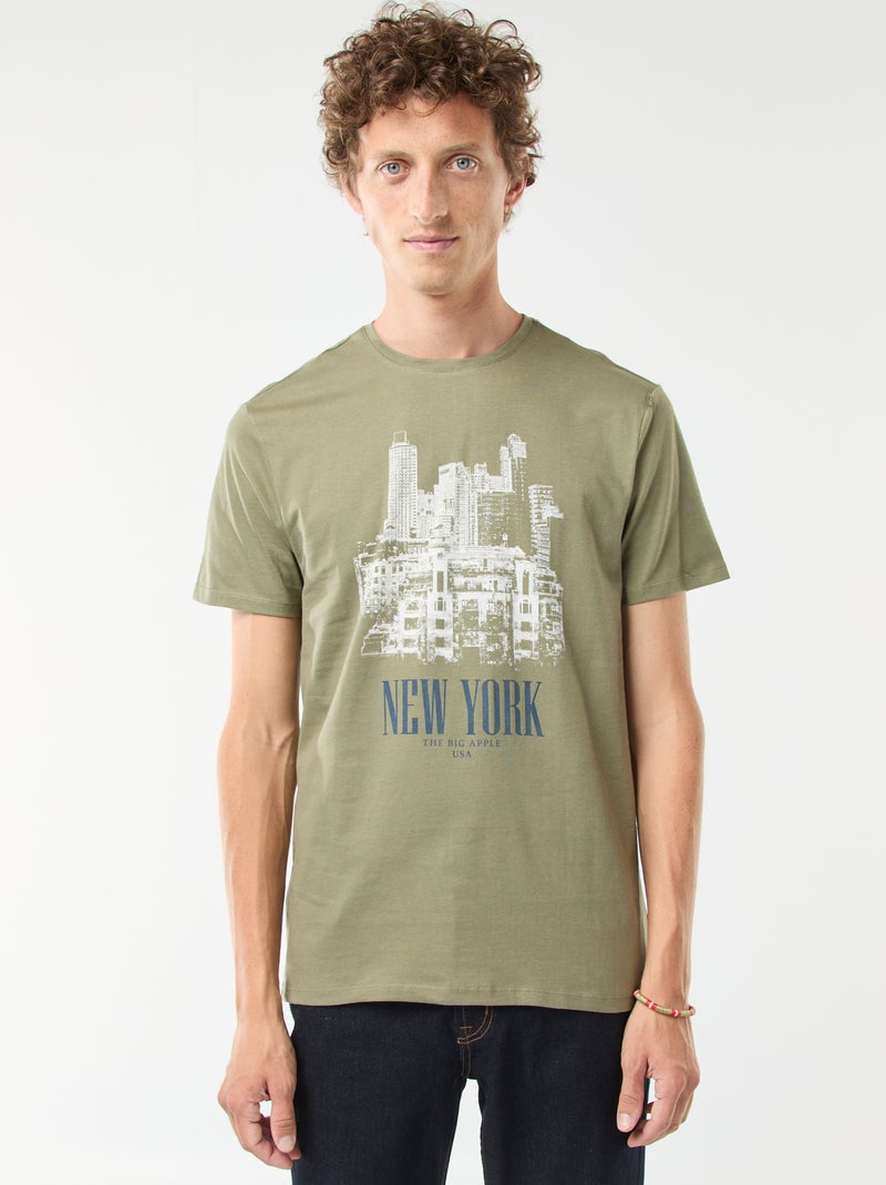 Tee-shirt manches courtes imprimé Kaki - Kiabi