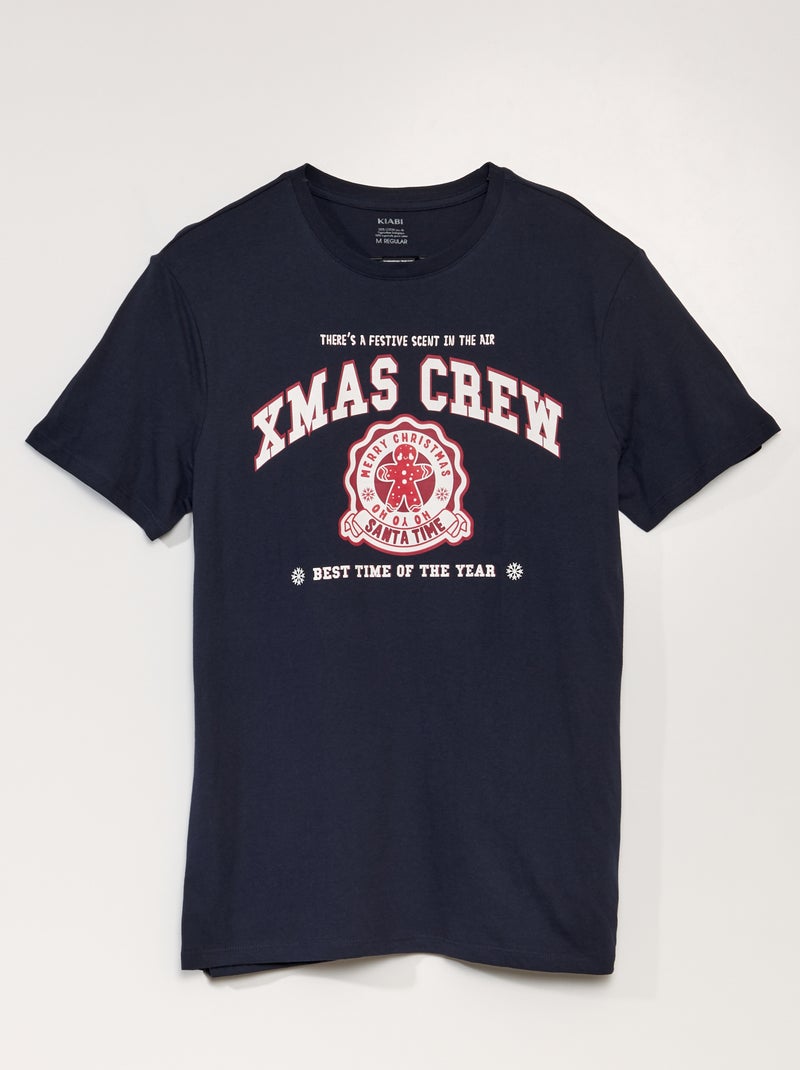 Tee-shirt manches courtes imprimé 'Noël' Bleu Campus - Kiabi