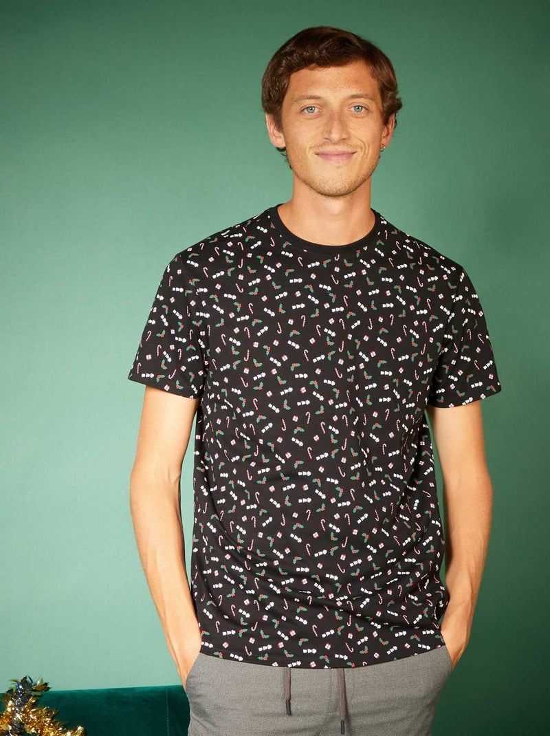 Tee-shirt manches courtes imprimé 'Noël' Noir all-over - Kiabi