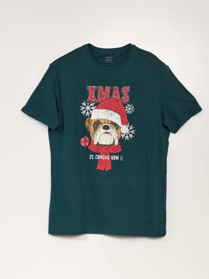 Tee-shirt manches courtes imprimé 'Noël' Vert Chien - Kiabi