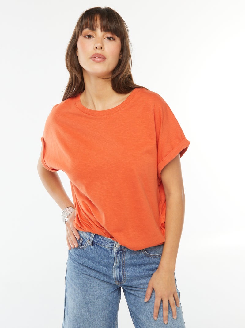 Tee-shirt manches courtes retroussées Orange - Kiabi
