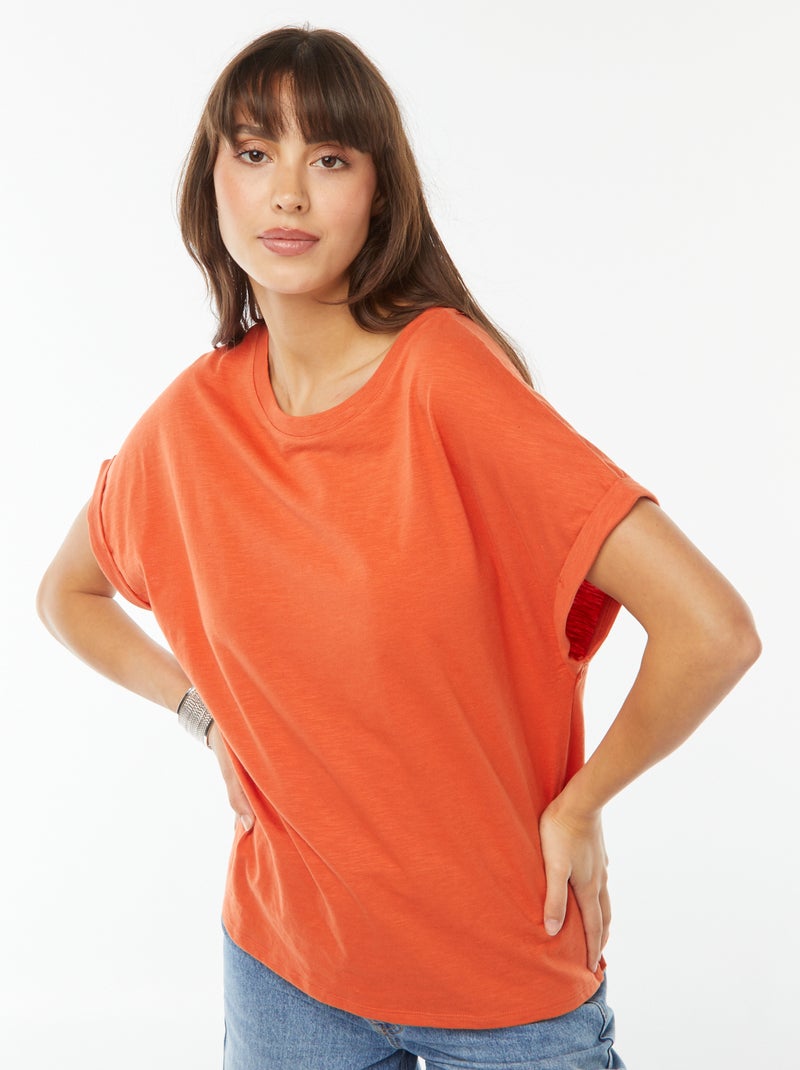 Tee-shirt manches courtes retroussées Orange - Kiabi