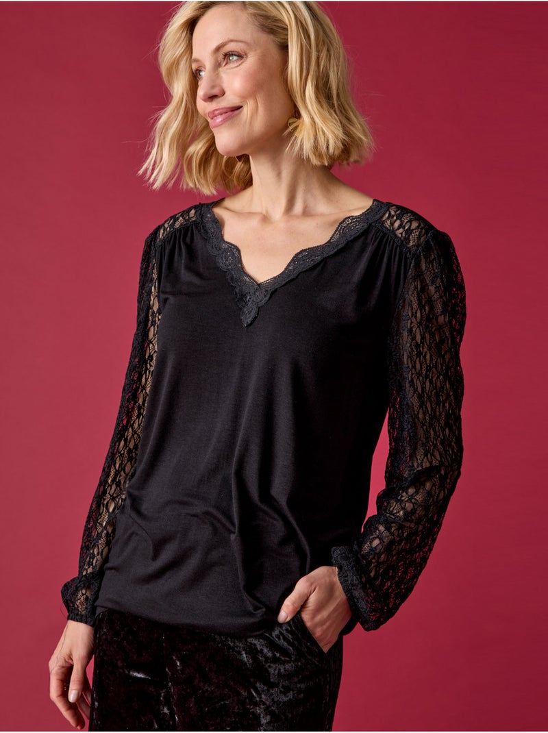 Tee-shirt manches dentelle - DAXON Noir Noir - Kiabi