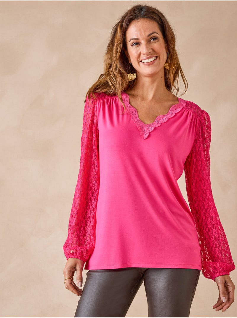 Tee-shirt manches dentelle - DAXON Rose fushia - Kiabi
