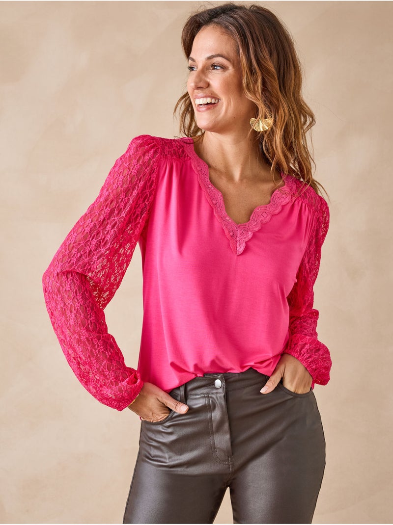 Tee-shirt manches dentelle - DAXON Rose fushia - Kiabi