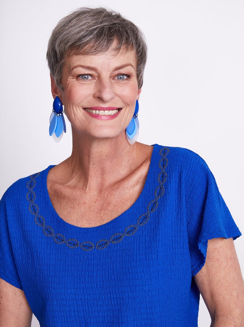 Tee-shirt manches kimono maille gaufrée Bleu - Kiabi