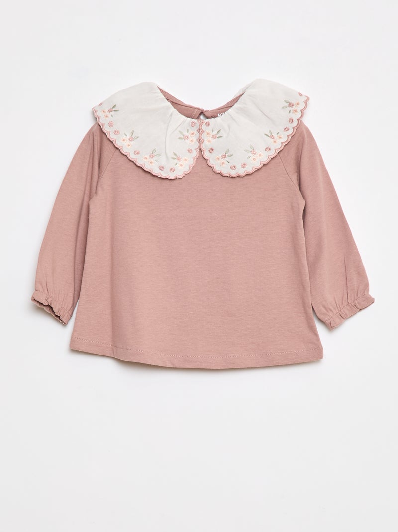 Tee-shirt manches longues avec col claudine Rose - Kiabi