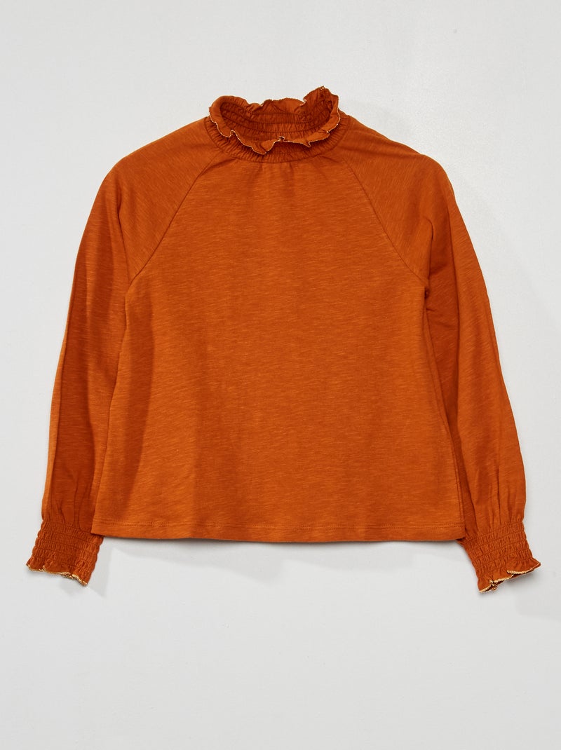 Tee-shirt manches longues avec col smocké marron - Kiabi