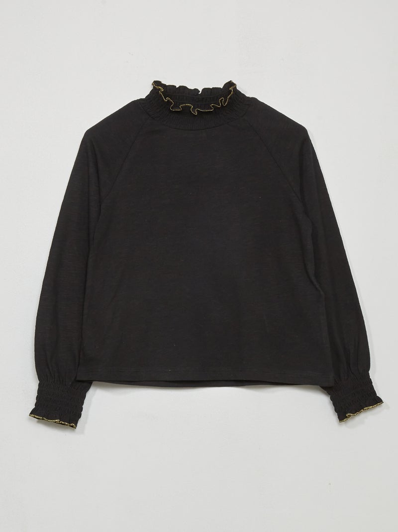 Tee-shirt manches longues avec col smocké noir - Kiabi