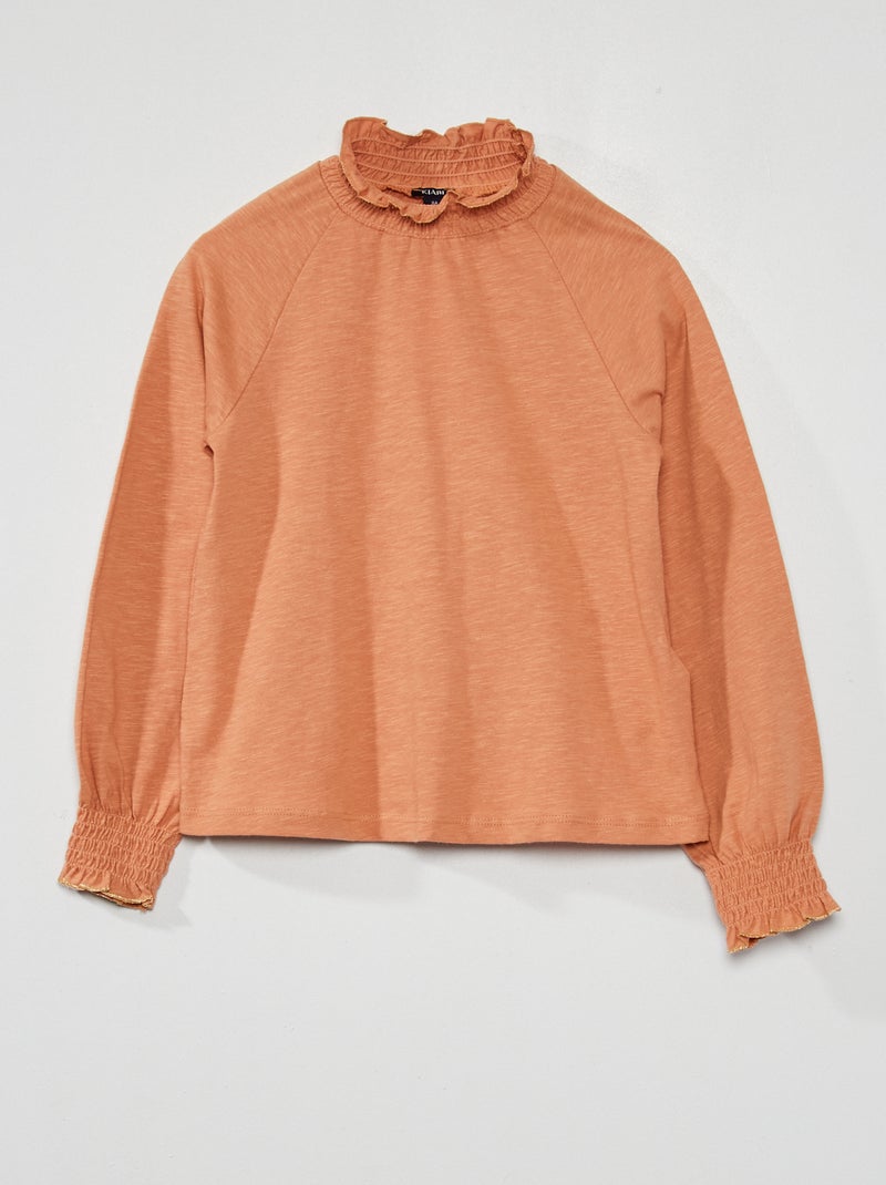 Tee-shirt manches longues avec col smocké Vieux rose - Kiabi