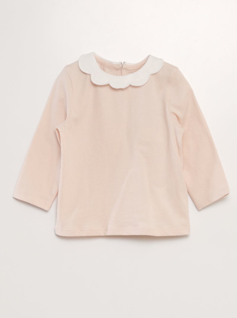 Tee-shirt manches longues col ondulé Rose - Kiabi