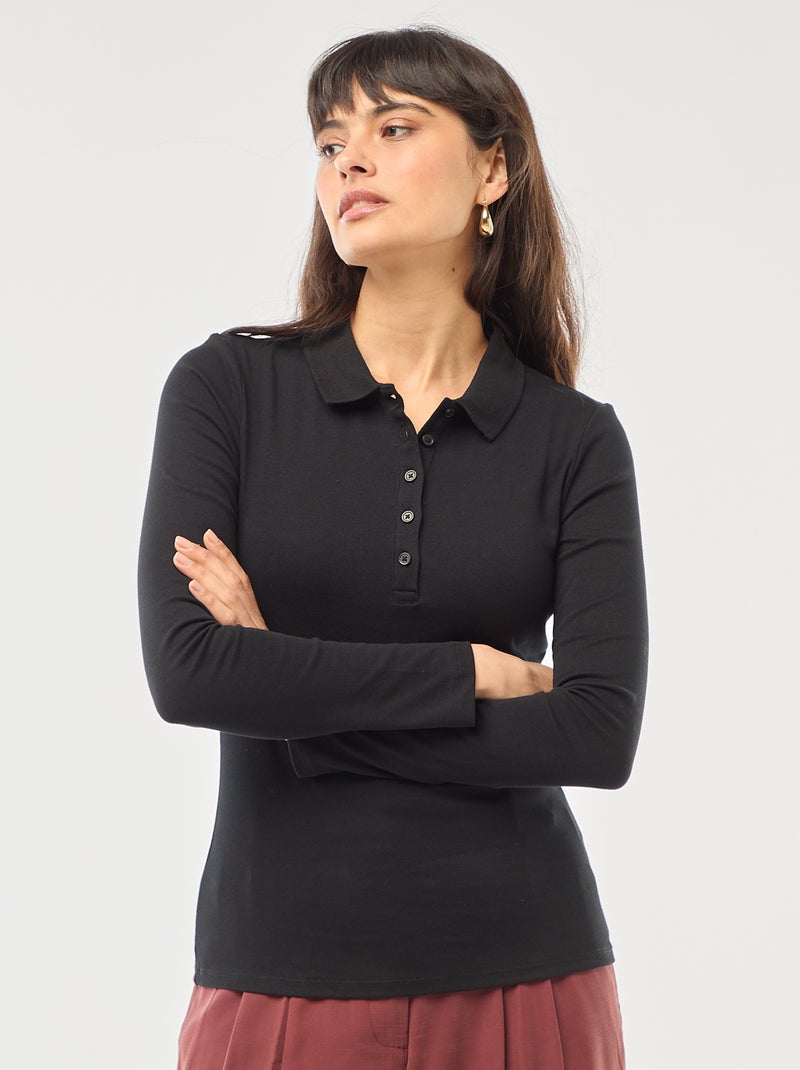 Tee-shirt manches longues col polo Noir - Kiabi