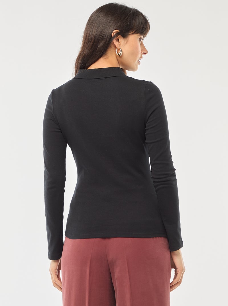 Tee-shirt manches longues col polo Noir - Kiabi