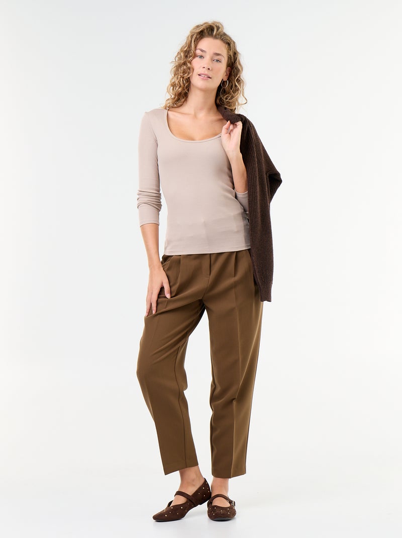 Tee-shirt manches longues en rib Beige - Kiabi