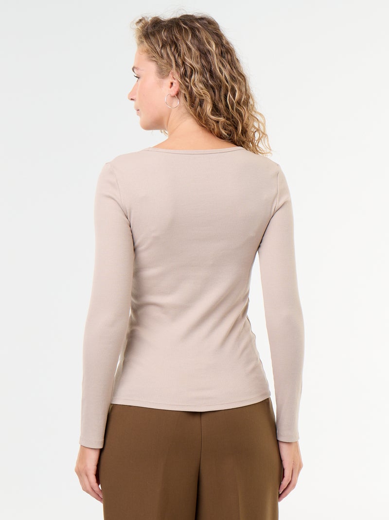 Tee-shirt manches longues en rib Beige - Kiabi