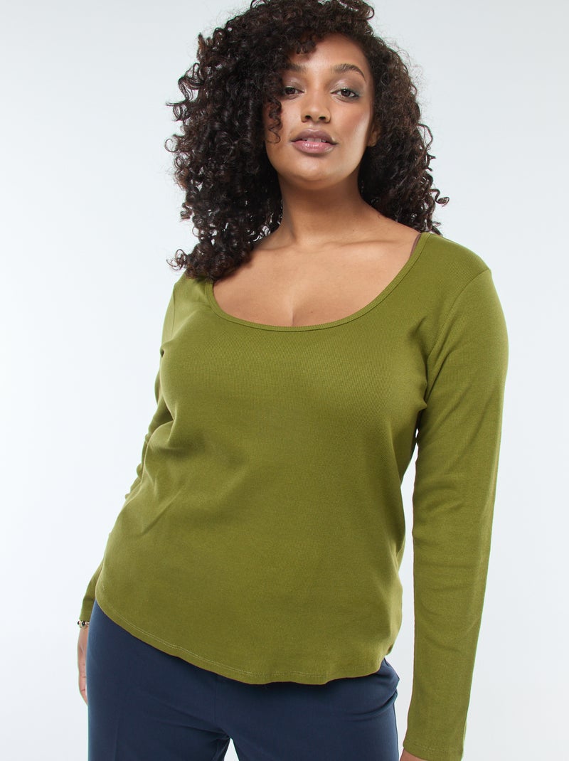 Tee-shirt manches longues en rib côtelé Kaki - Kiabi