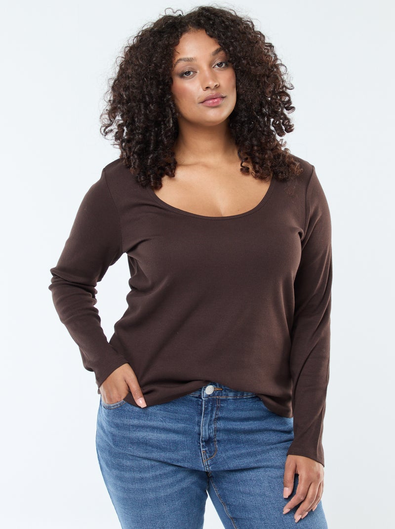 Tee-shirt manches longues en rib côtelé Marron - Kiabi