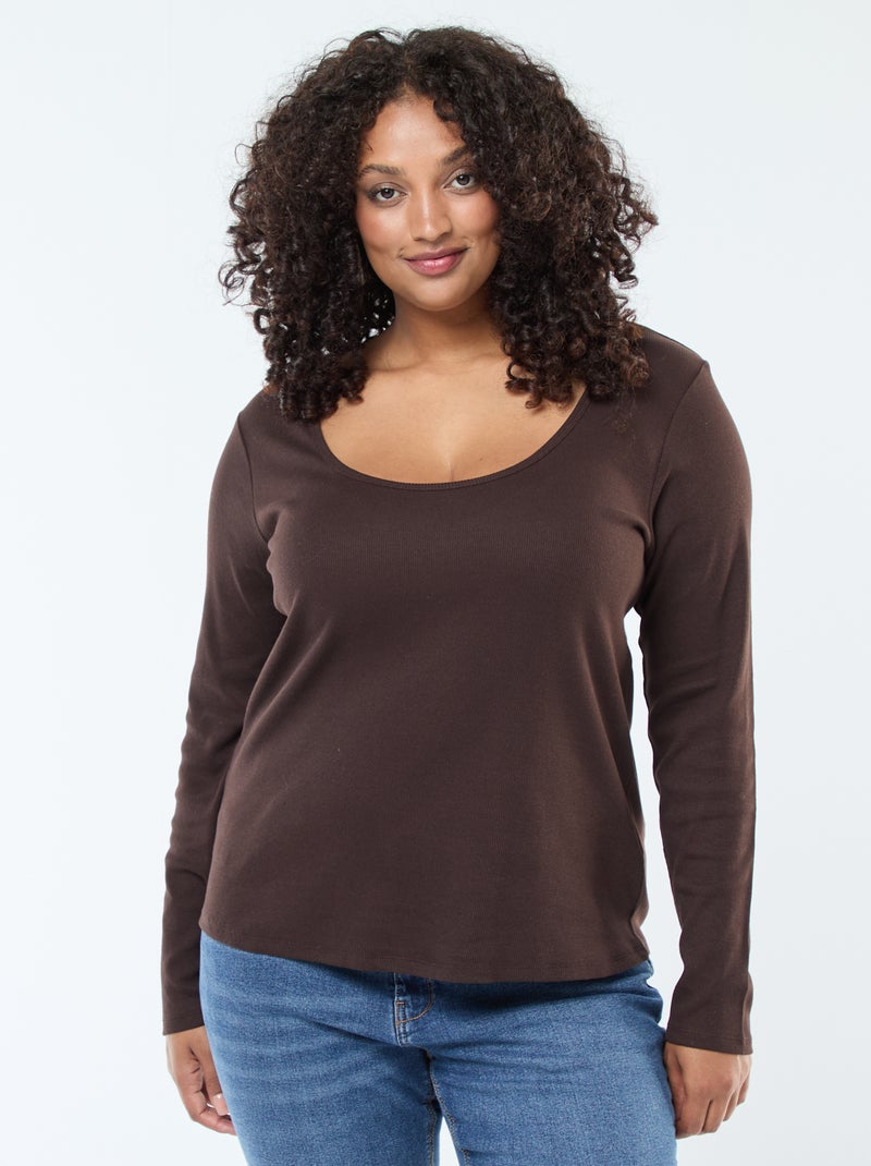 Tee-shirt manches longues en rib côtelé Marron - Kiabi