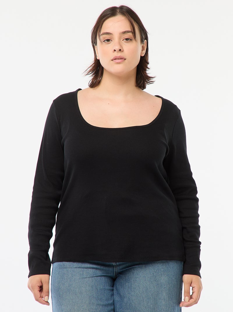 Tee-shirt manches longues en rib côtelé Noir - Kiabi