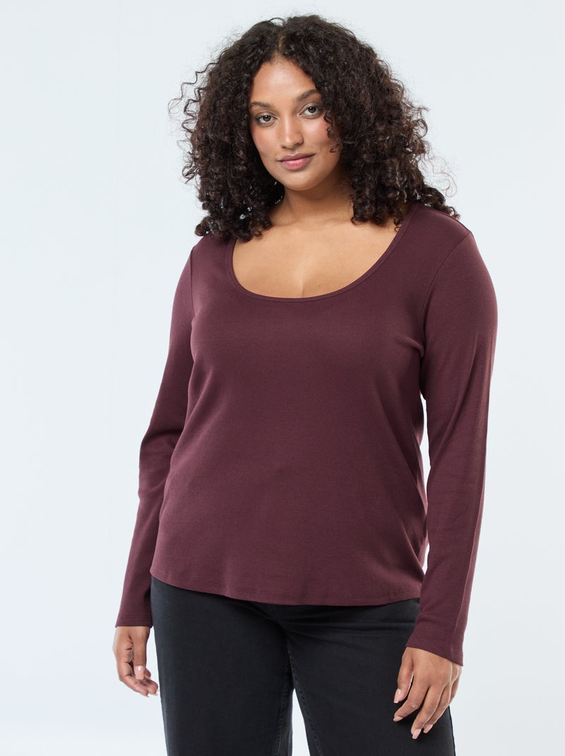 Tee-shirt manches longues en rib côtelé Violet - Kiabi