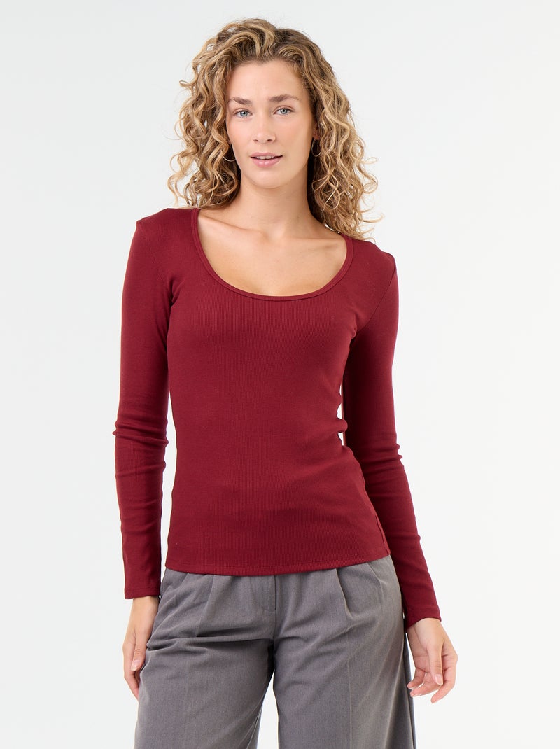 Tee-shirt manches longues en rib Rouge - Kiabi