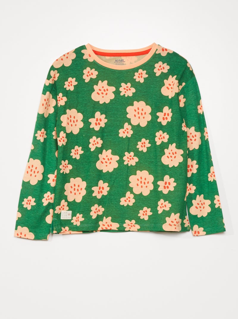 Tee-shirt manches longues imprimé 'fleurs' Vert fleurs - Kiabi