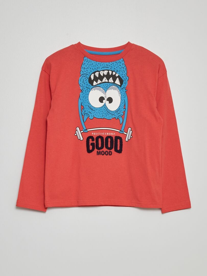 Tee-shirt manches longues imprimé rouge framboise - Kiabi