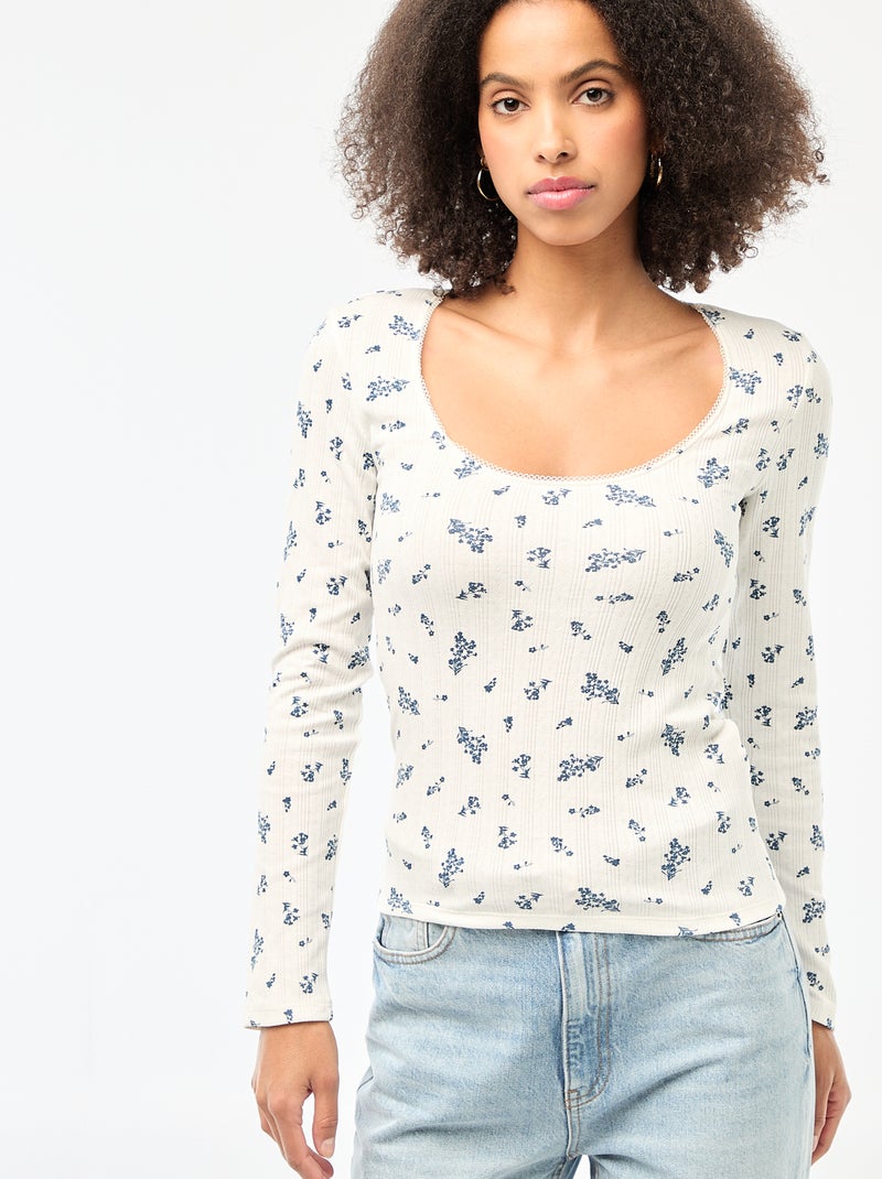 Tee-shirt manches longues pointelle Blanc imprimé - Kiabi