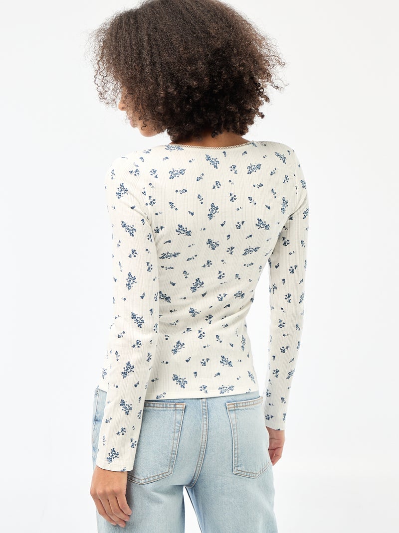 Tee-shirt manches longues pointelle Blanc imprimé - Kiabi