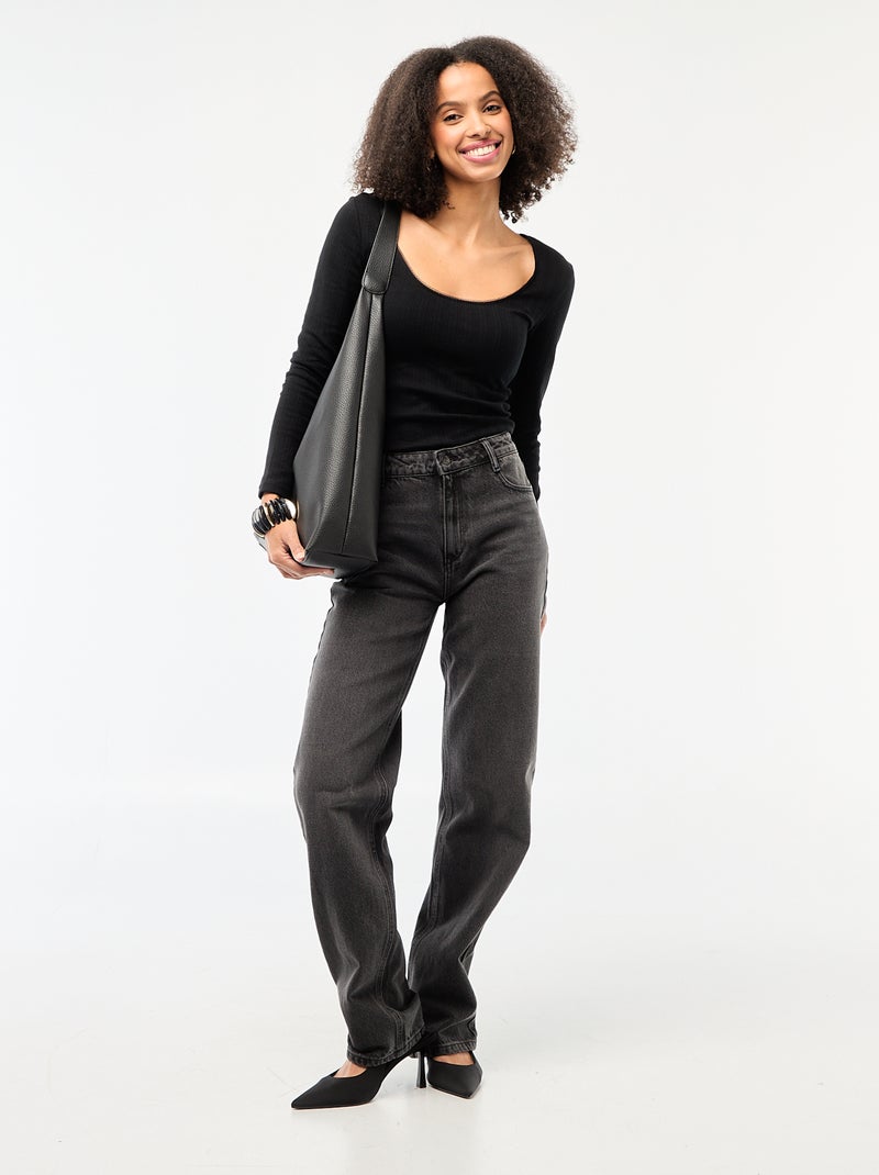 Tee-shirt manches longues pointelle Noir - Kiabi
