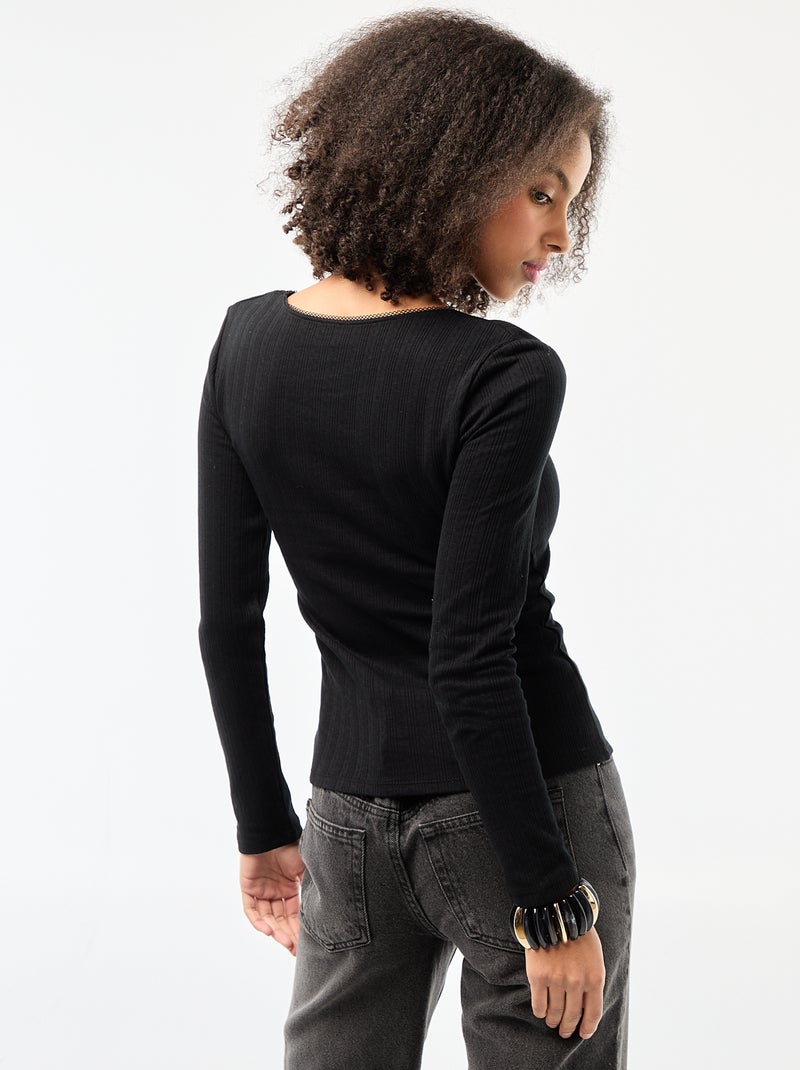 Tee-shirt manches longues pointelle Noir - Kiabi