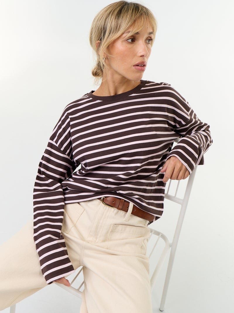 Tee-shirt manches longues rayé Marron - Kiabi
