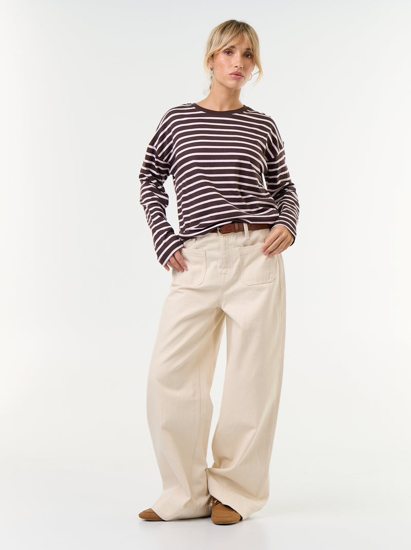 Tee-shirt manches longues rayé Marron - Kiabi