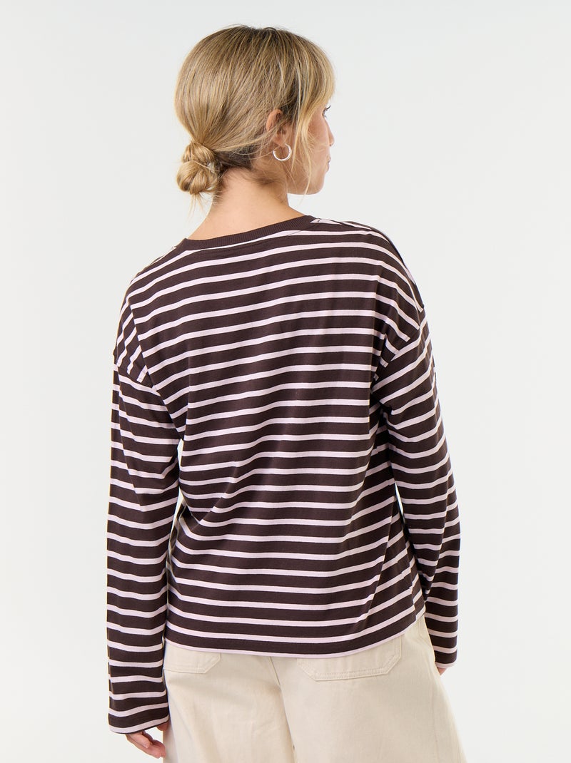Tee-shirt manches longues rayé Marron - Kiabi