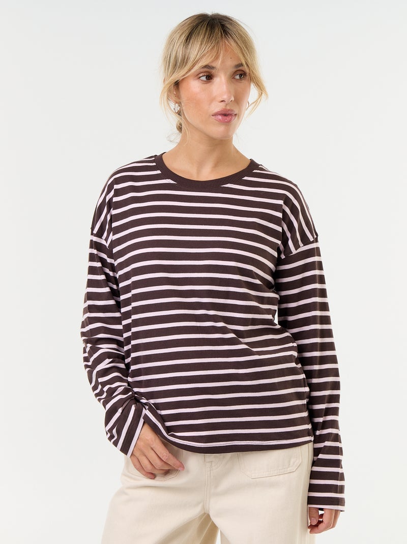 Tee-shirt manches longues rayé Marron - Kiabi